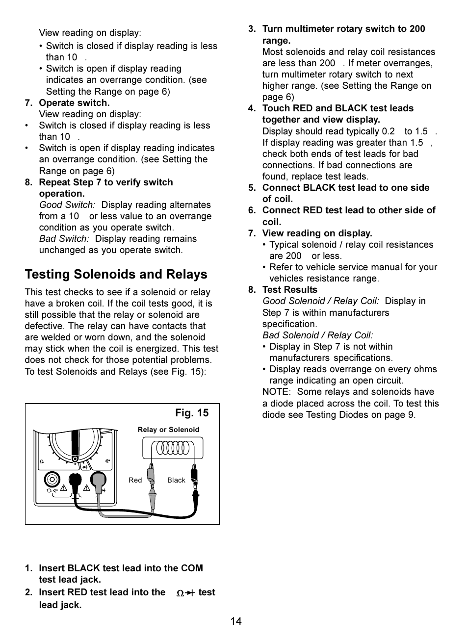 Testing solenoids and relays, Fig. 15 | Actron Digital Multimeter CP7676 User Manual | Page 14 / 72