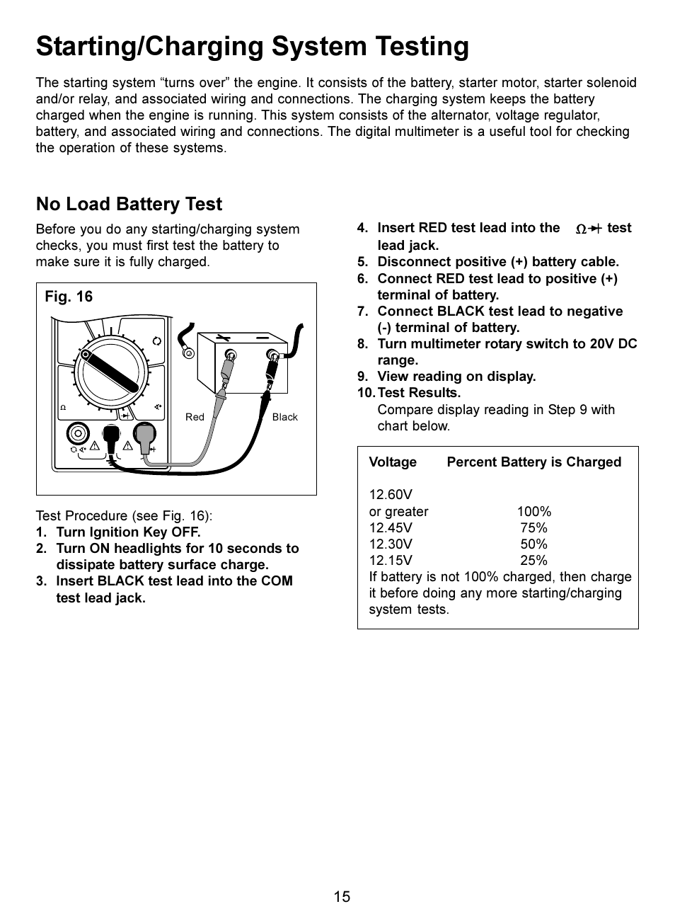 Starting/charging system testing, No load battery test, Fig. 16 | Actron Digital Multimeter CP7676 User Manual | Page 15 / 72