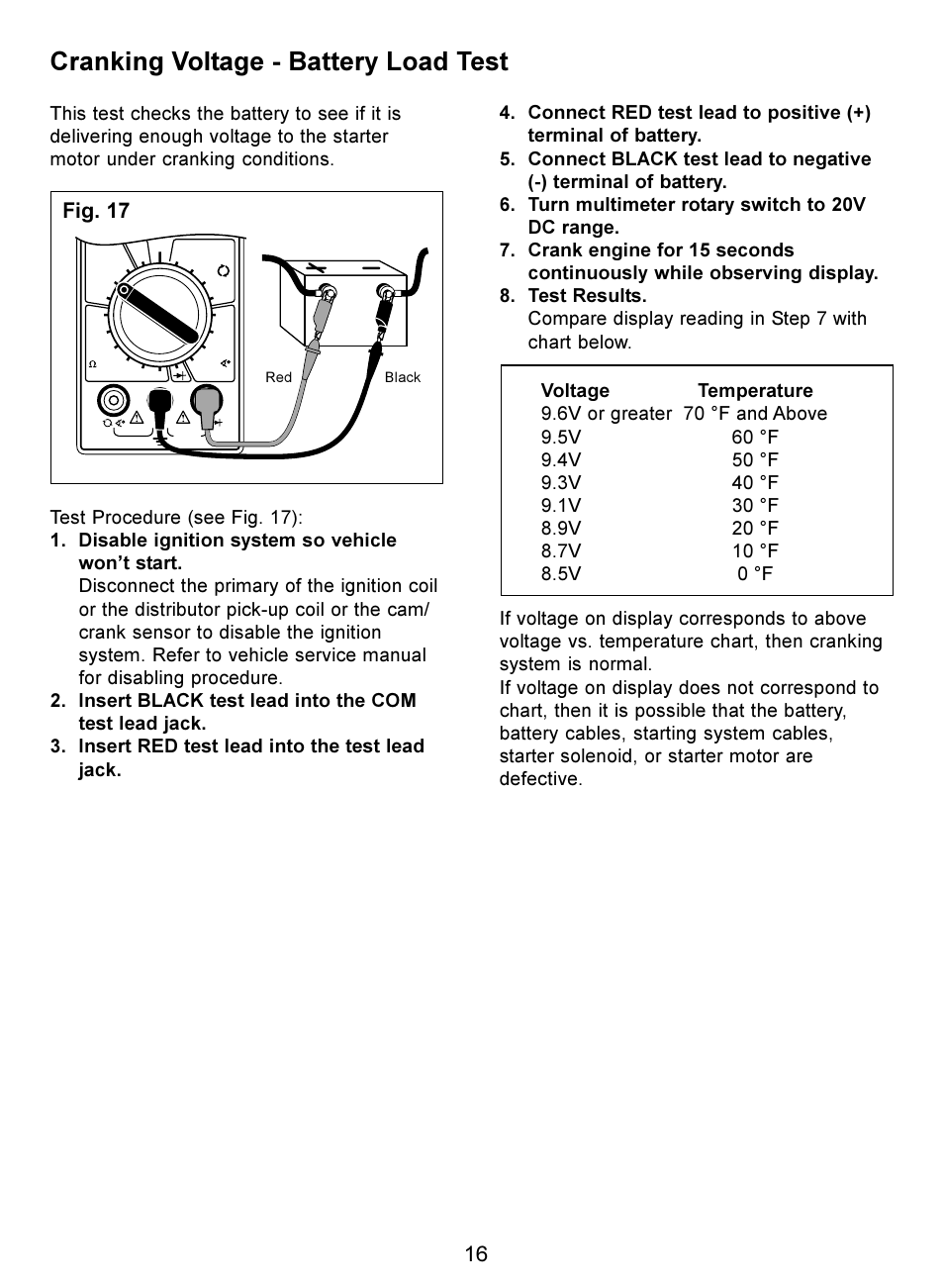 Cranking voltage - battery load test, Fig. 17 | Actron Digital Multimeter CP7676 User Manual | Page 16 / 72