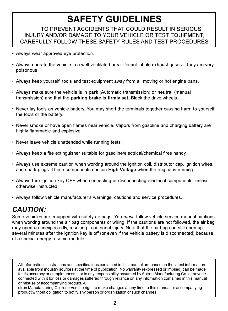 Safety guidelines, Caution | Actron Digital Multimeter CP7676 User Manual | Page 2 / 72