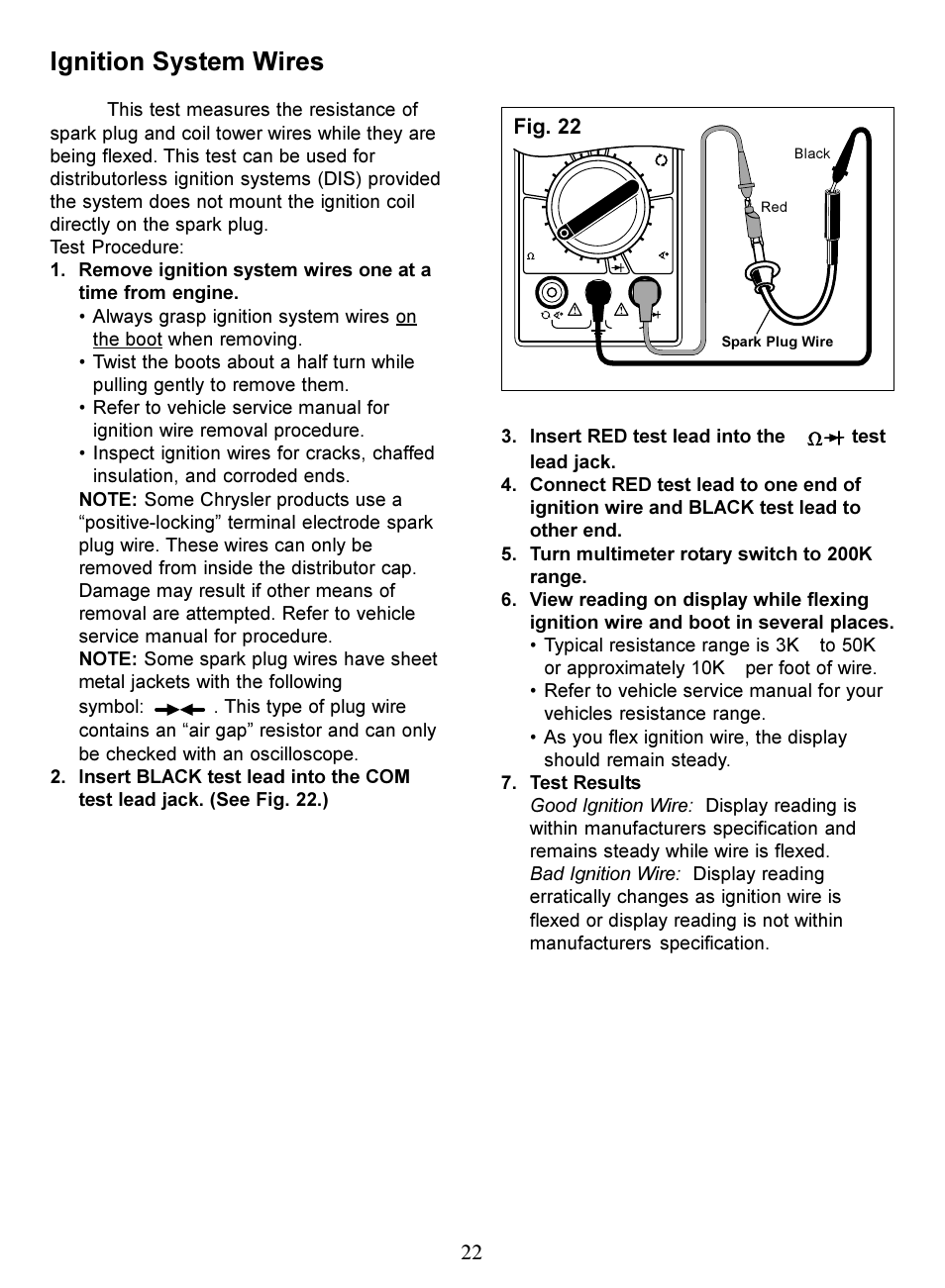 Ignition system wires, Fig. 22, Insert red test lead into the | Actron Digital Multimeter CP7676 User Manual | Page 22 / 72