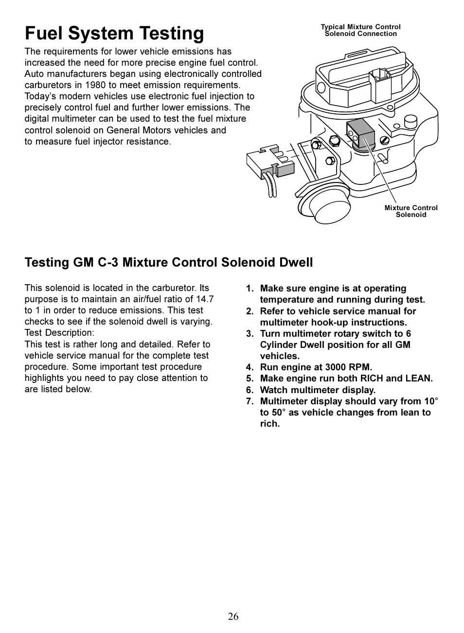 Fuel system testing, Testing gm c-3 mixture control solenoid dwell | Actron Digital Multimeter CP7676 User Manual | Page 26 / 72