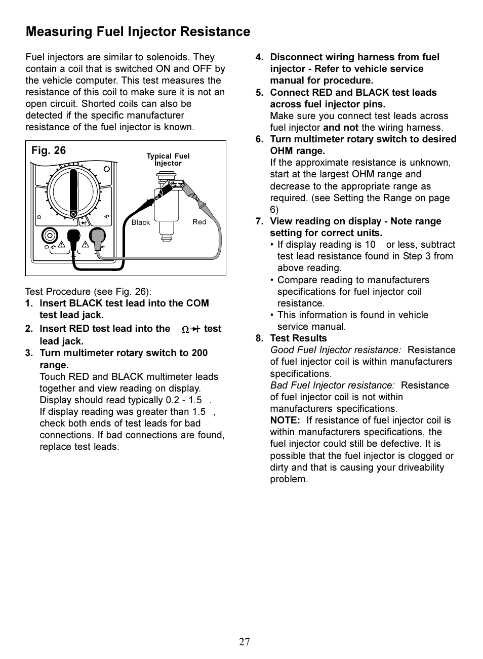 Measuring fuel injector resistance, Fig. 26 | Actron Digital Multimeter CP7676 User Manual | Page 27 / 72