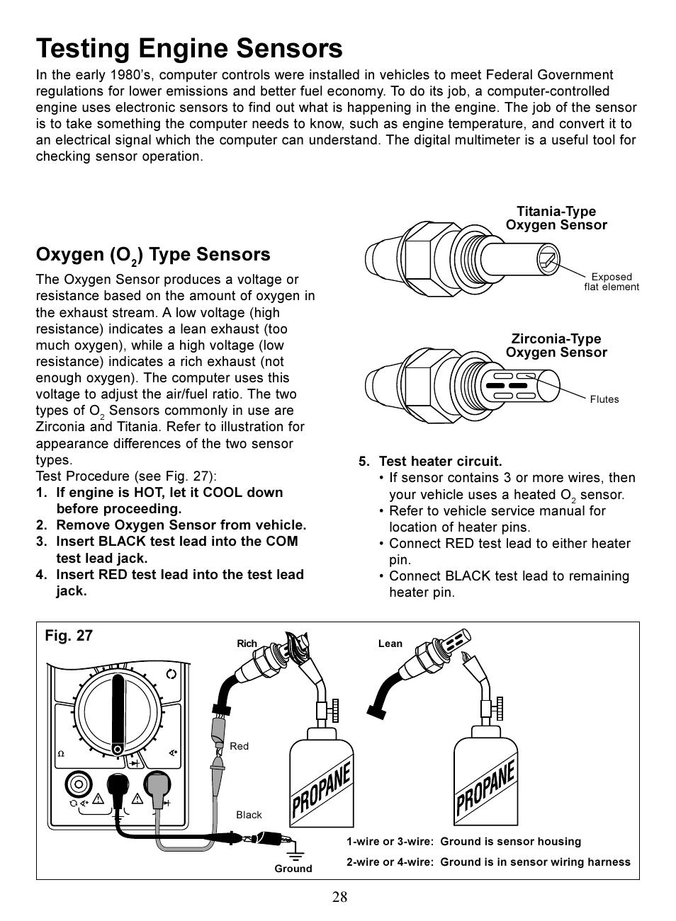 Testing engine sensors, Oxygen (o, Type sensors | Fig. 27 | Actron Digital Multimeter CP7676 User Manual | Page 28 / 72