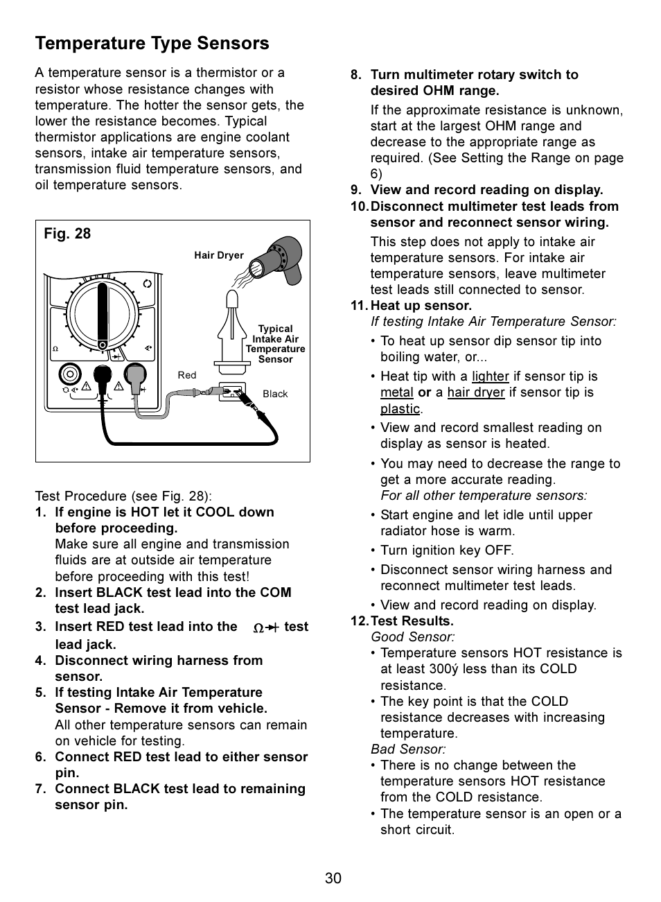 Temperature type sensors, 30 fig. 28 | Actron Digital Multimeter CP7676 User Manual | Page 30 / 72