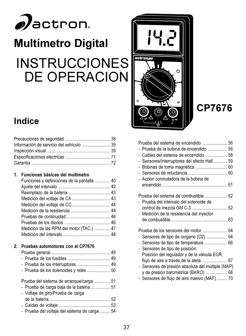 Instrucciones de operacion, Multímetro digital, Cp7676 | Indice | Actron Digital Multimeter CP7676 User Manual | Page 37 / 72