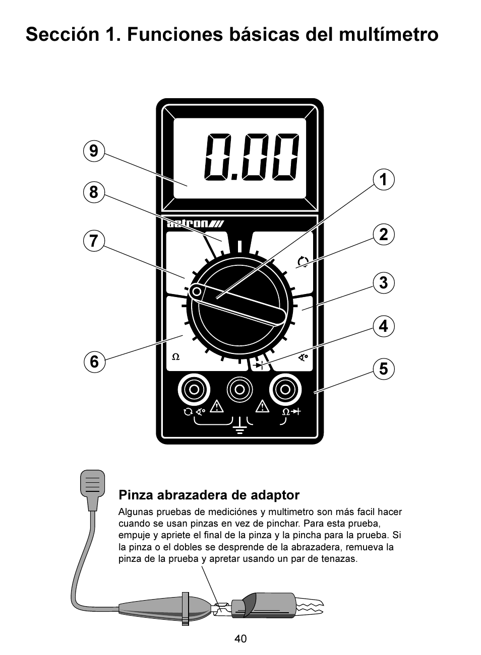 Sección 1. funciones básicas del multímetro, Pinza abrazadera de adaptor | Actron Digital Multimeter CP7676 User Manual | Page 40 / 72