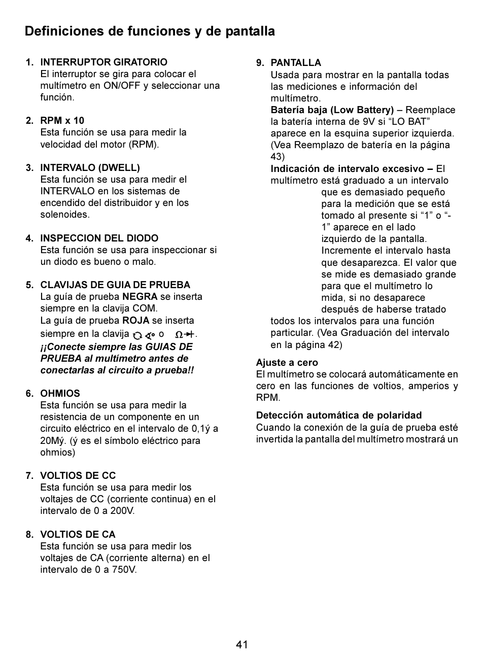 Definiciones de funciones y de pantalla | Actron Digital Multimeter CP7676 User Manual | Page 41 / 72