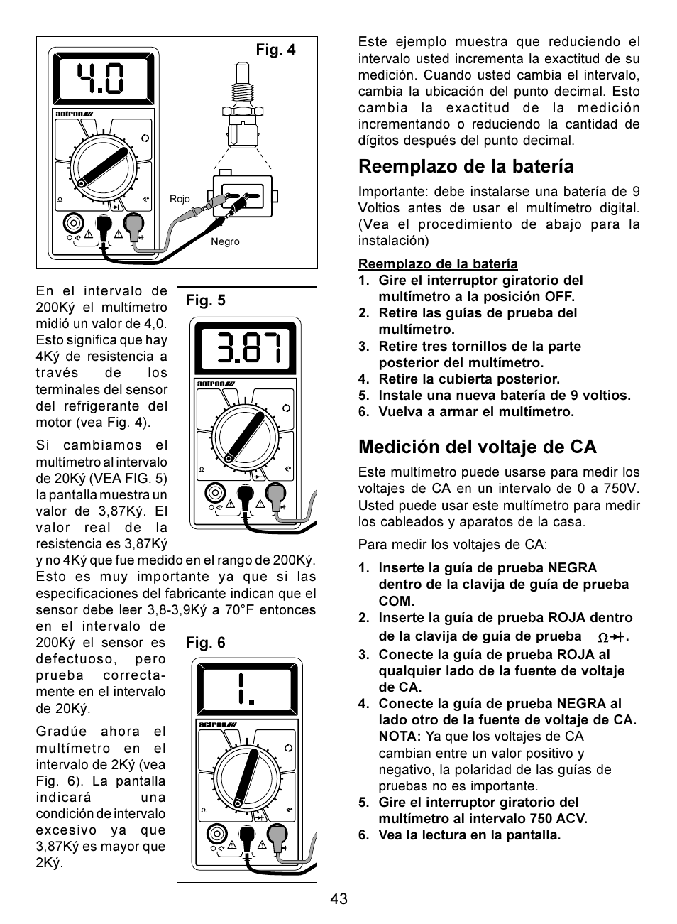 Reemplazo de la batería, Medición del voltaje de ca | Actron Digital Multimeter CP7676 User Manual | Page 43 / 72