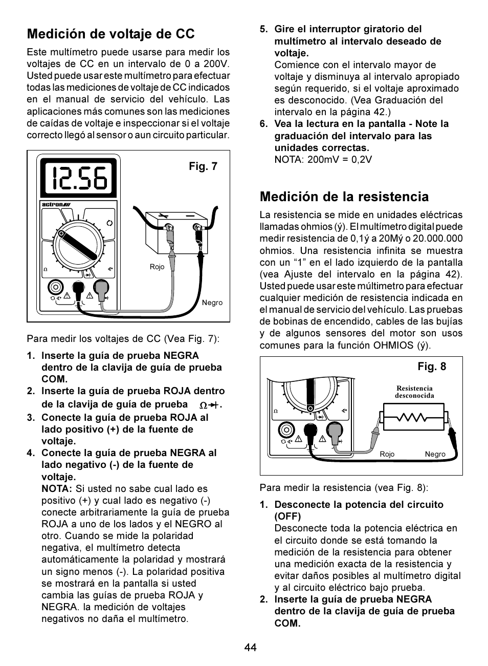 Medición de la resistencia, Medición de voltaje de cc, Fig. 7 fig. 8 | Actron Digital Multimeter CP7676 User Manual | Page 44 / 72