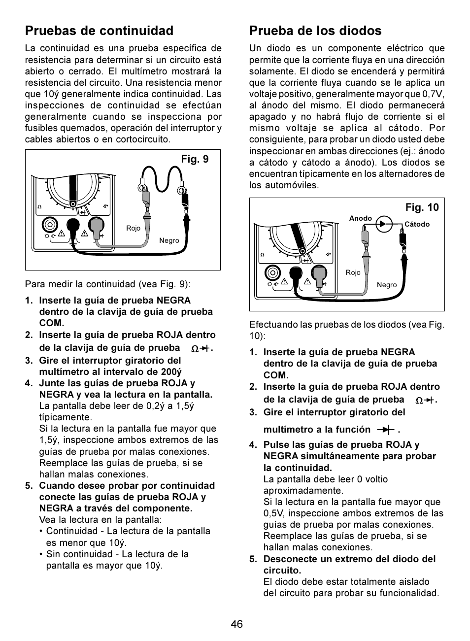 Pruebas de continuidad, Prueba de los diodos, Fig. 9 | Fig. 10 | Actron Digital Multimeter CP7676 User Manual | Page 46 / 72