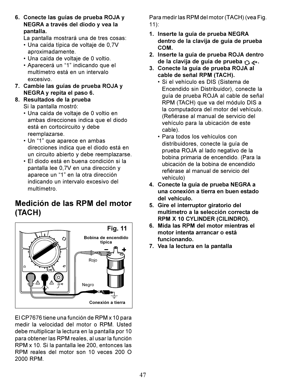 Medición de las rpm del motor (tach), Fig. 11 | Actron Digital Multimeter CP7676 User Manual | Page 47 / 72