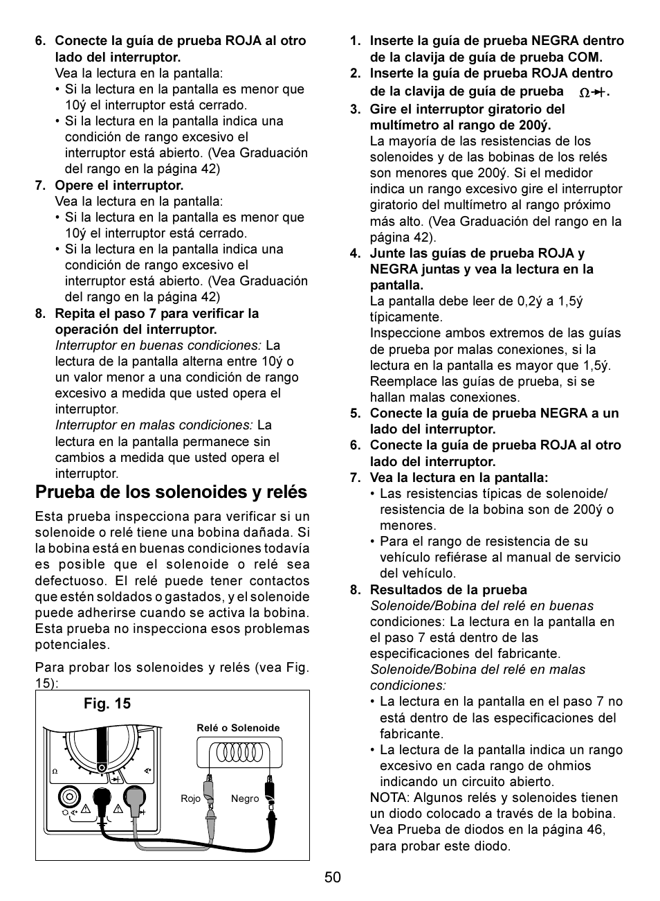 Prueba de los solenoides y relés, Fig. 15 | Actron Digital Multimeter CP7676 User Manual | Page 50 / 72