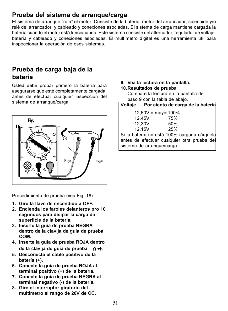 Prueba del sistema de arranque/carga, Prueba de carga baja de la batería, Fig. 16 | Actron Digital Multimeter CP7676 User Manual | Page 51 / 72