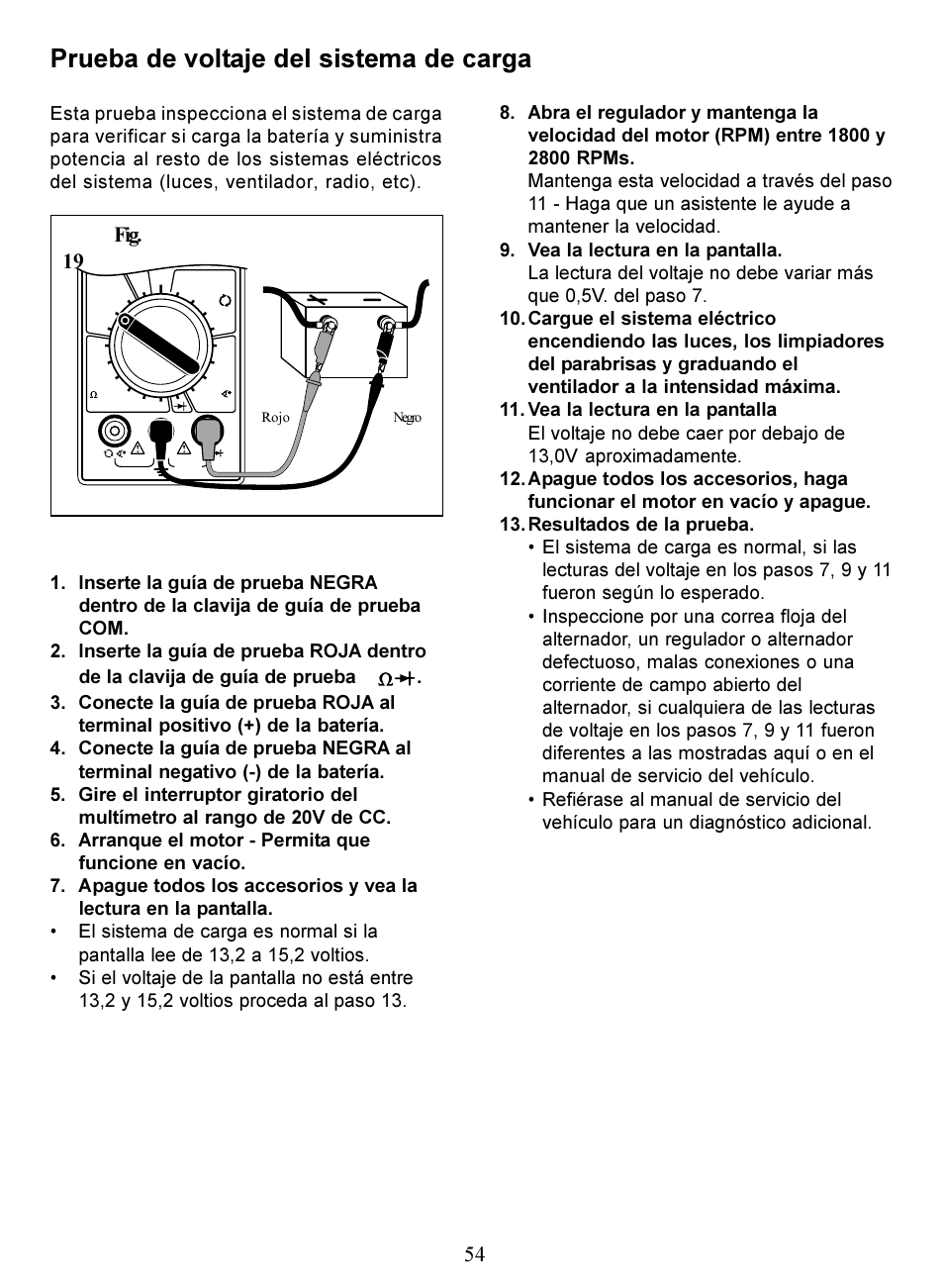 Prueba de voltaje del sistema de carga, 54 fig. 19 | Actron Digital Multimeter CP7676 User Manual | Page 54 / 72