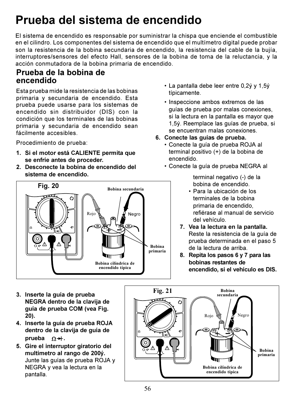 Prueba del sistema de encendido, Prueba de la bobina de encendido, 56 fig. 21 | Fig. 20 | Actron Digital Multimeter CP7676 User Manual | Page 56 / 72