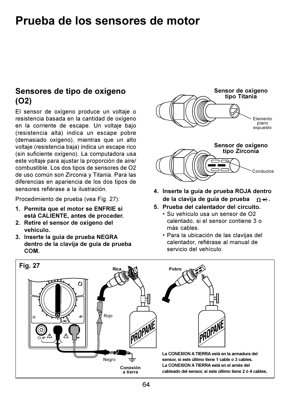 Prueba de los sensores de motor, Sensores de tipo de oxígeno (o2), Fig. 27 | Actron Digital Multimeter CP7676 User Manual | Page 64 / 72