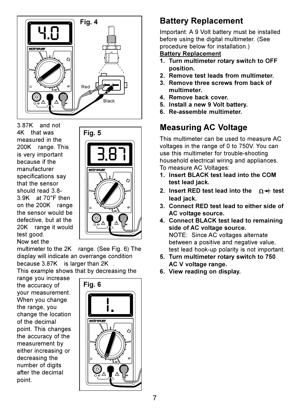 Battery replacement, Measuring ac voltage, 7fig. 4 fig. 5 fig. 6 | Actron Digital Multimeter CP7676 User Manual | Page 7 / 72