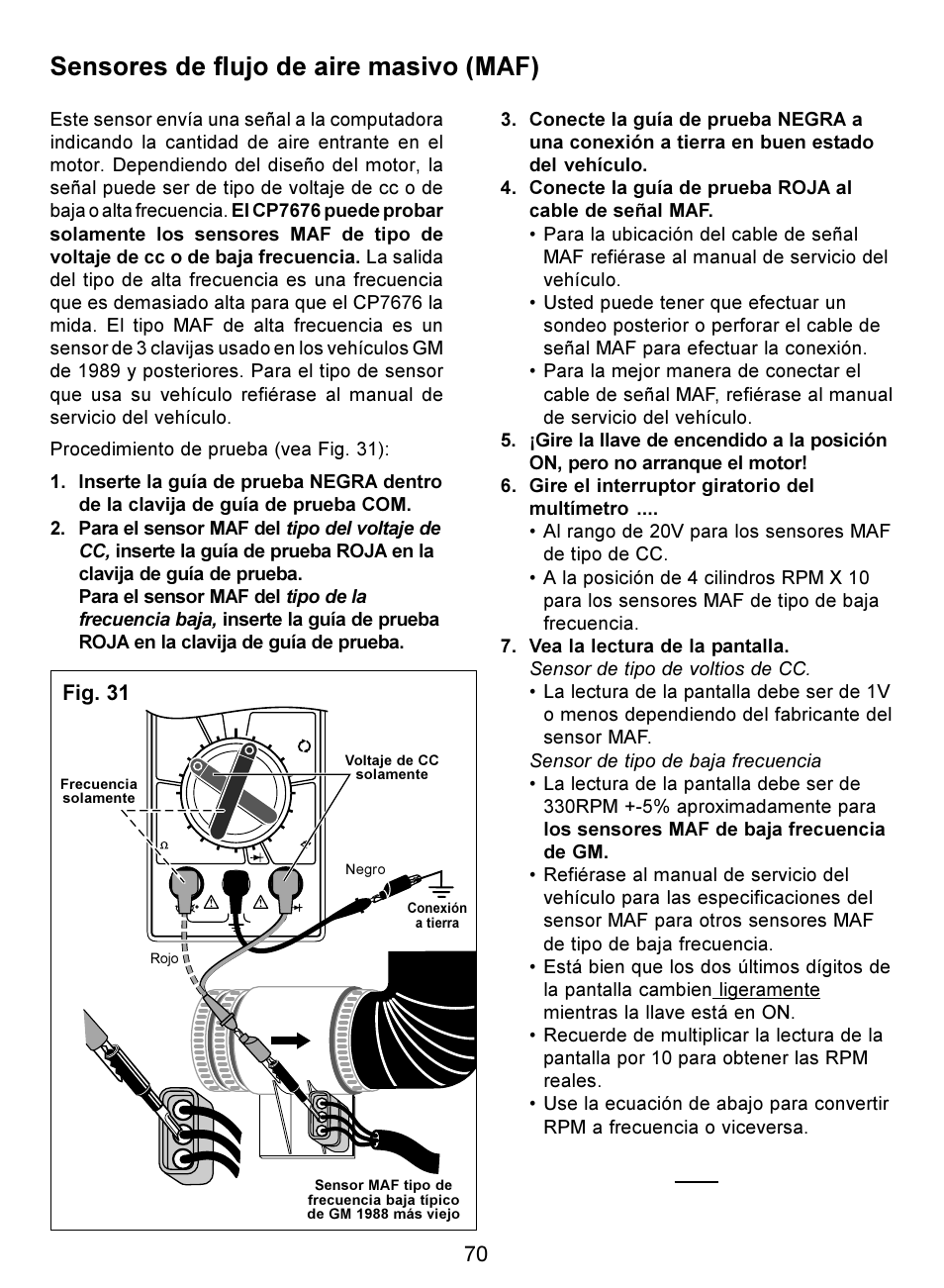 Sensores de flujo de aire masivo (maf), 70 fig. 31 | Actron Digital Multimeter CP7676 User Manual | Page 70 / 72