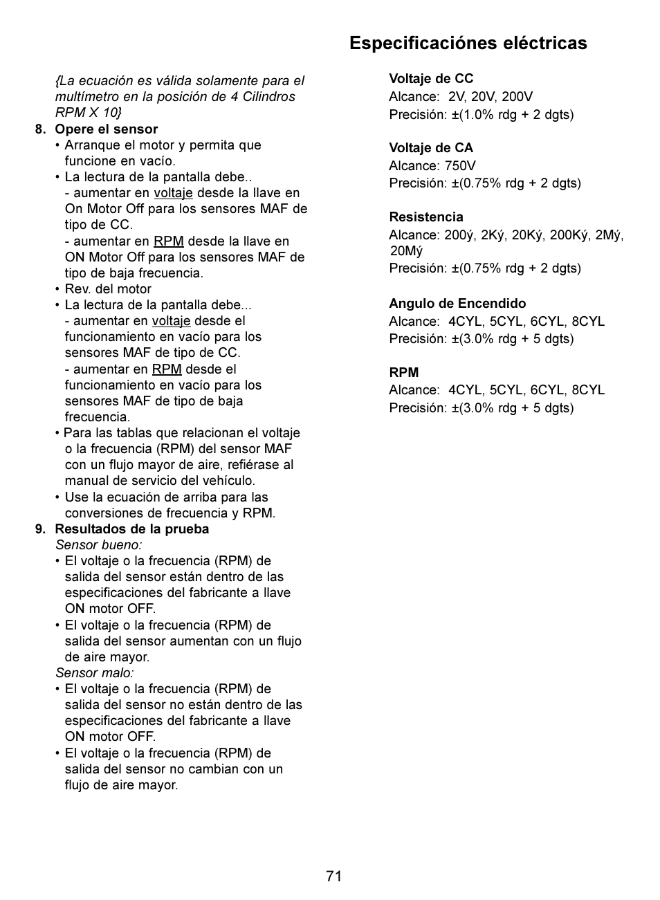 Especificaciónes eléctricas | Actron Digital Multimeter CP7676 User Manual | Page 71 / 72