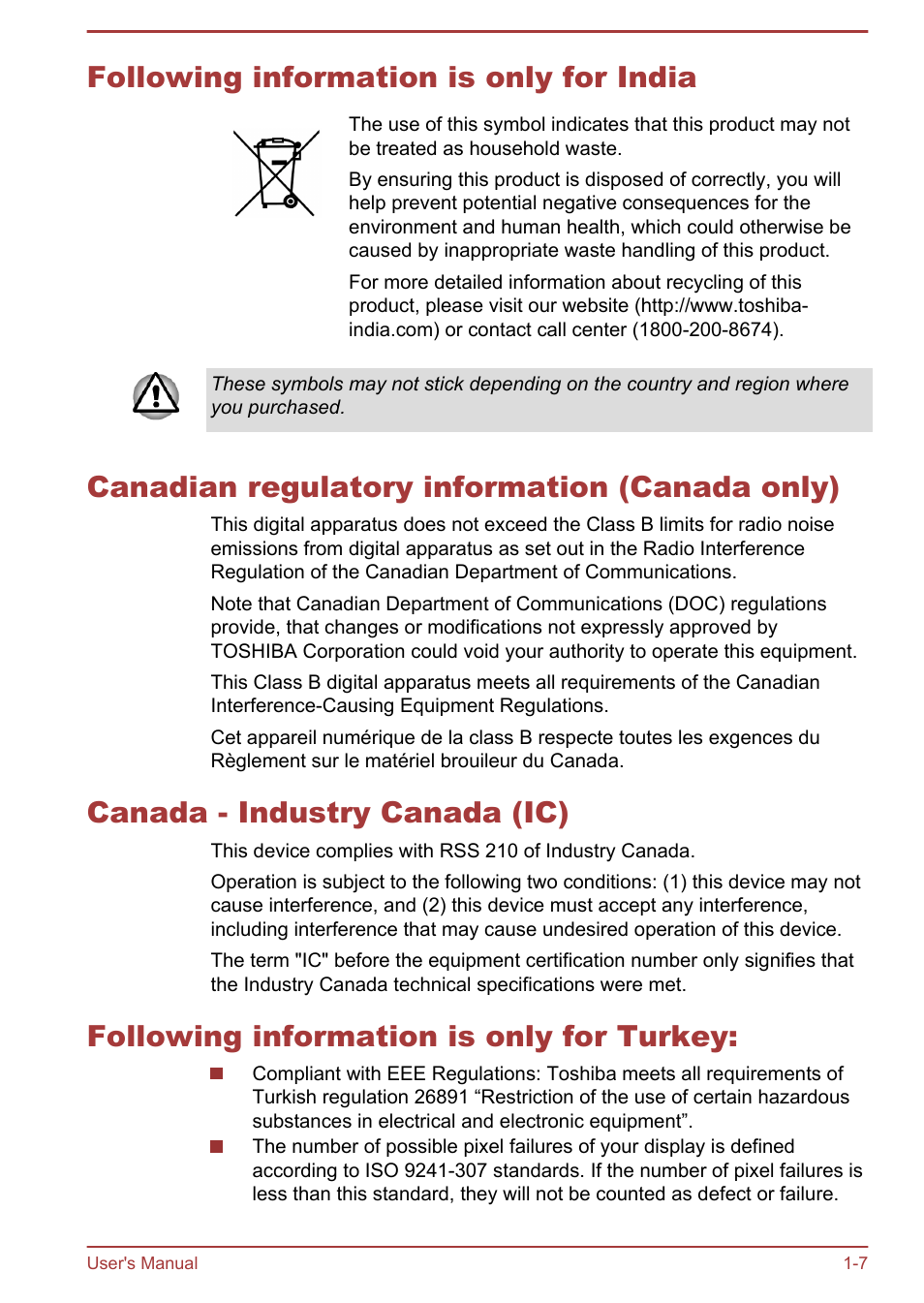 Following information is only for india, Canadian regulatory information (canada only), Canada - industry canada (ic) | Following information is only for turkey | Toshiba AT270 User Manual | Page 11 / 85