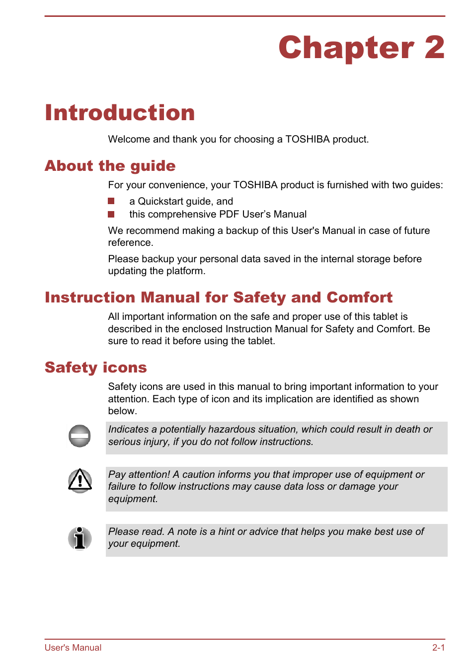 Chapter 2 introduction, About the guide, Instruction manual for safety and comfort | Safety icons, Chapter 2, Introduction | Toshiba AT270 User Manual | Page 13 / 85