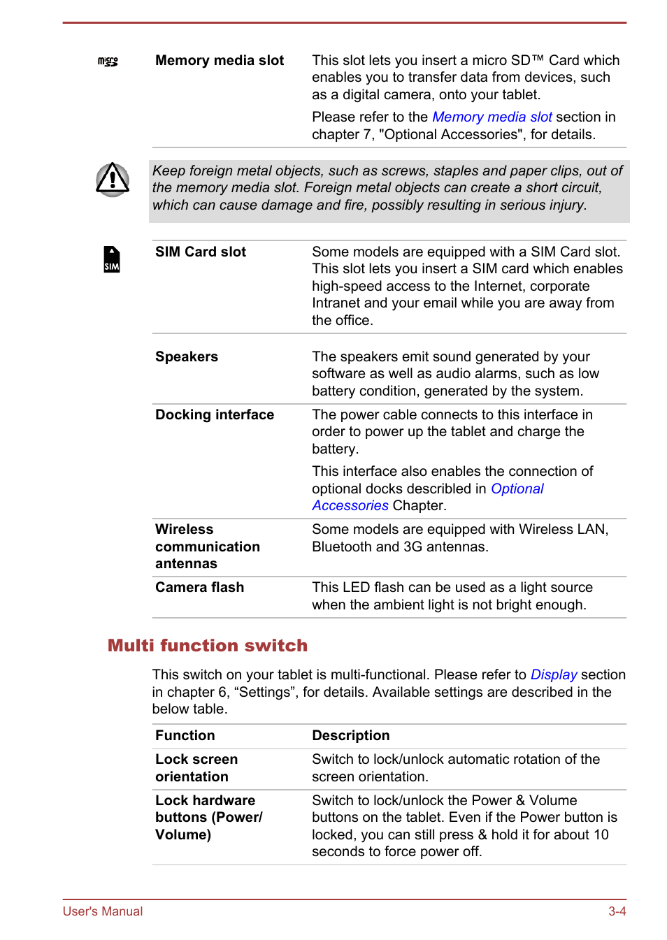Multi function switch, Multi function, Switch | Toshiba AT270 User Manual | Page 17 / 85