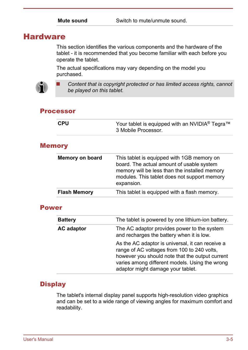 Hardware, Processor, Memory | Power, Display, Hardware -5 | Toshiba AT270 User Manual | Page 18 / 85