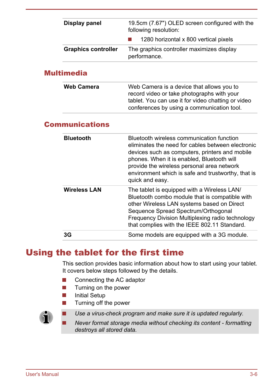 Multimedia, Communications, Using the tablet for the first time | Using the tablet for the first time -6 | Toshiba AT270 User Manual | Page 19 / 85