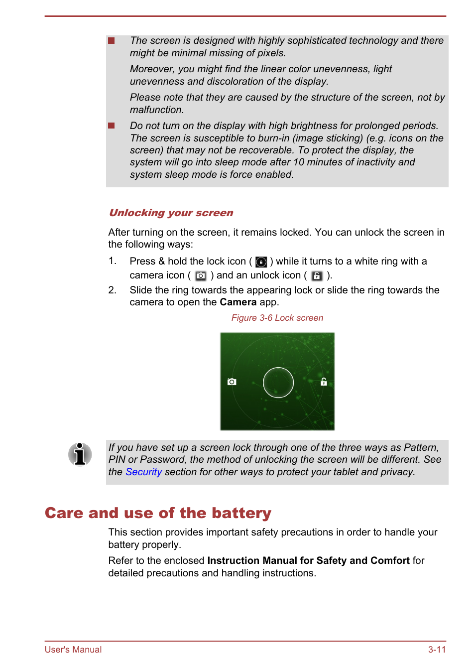 Care and use of the battery, Care and use of the battery -11 | Toshiba AT270 User Manual | Page 24 / 85