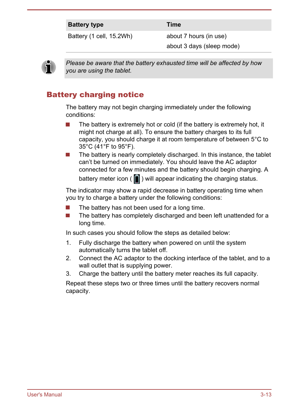 Battery charging notice | Toshiba AT270 User Manual | Page 26 / 85