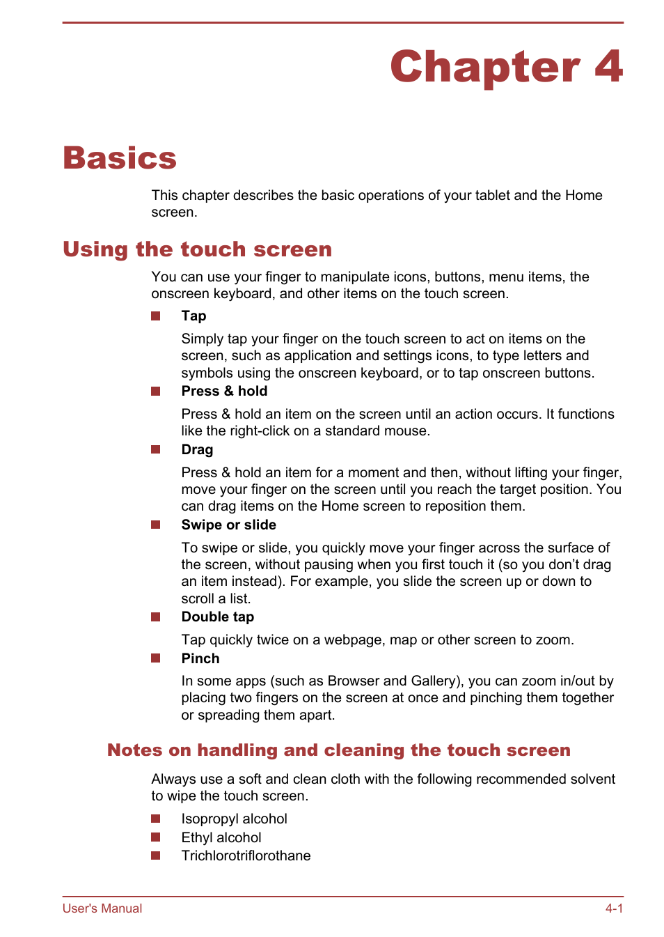 Chapter 4 basics, Using the touch screen, Notes on handling and cleaning the touch screen | Chapter 4, Basics, Using the touch screen -1 | Toshiba AT270 User Manual | Page 27 / 85