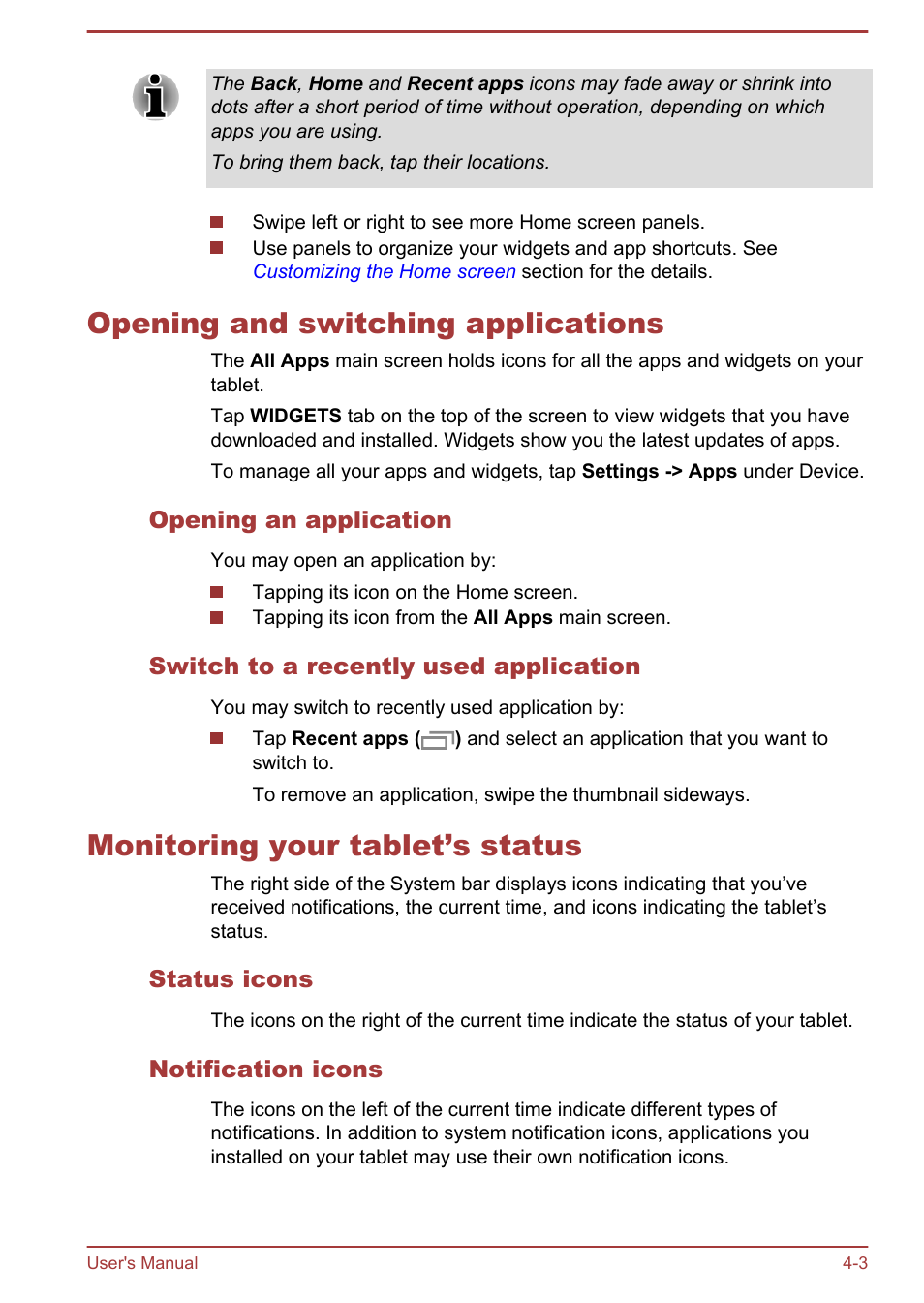 Opening and switching applications, Opening an application, Switch to a recently used application | Monitoring your tablet’s status, Status icons, Notification icons | Toshiba AT270 User Manual | Page 29 / 85
