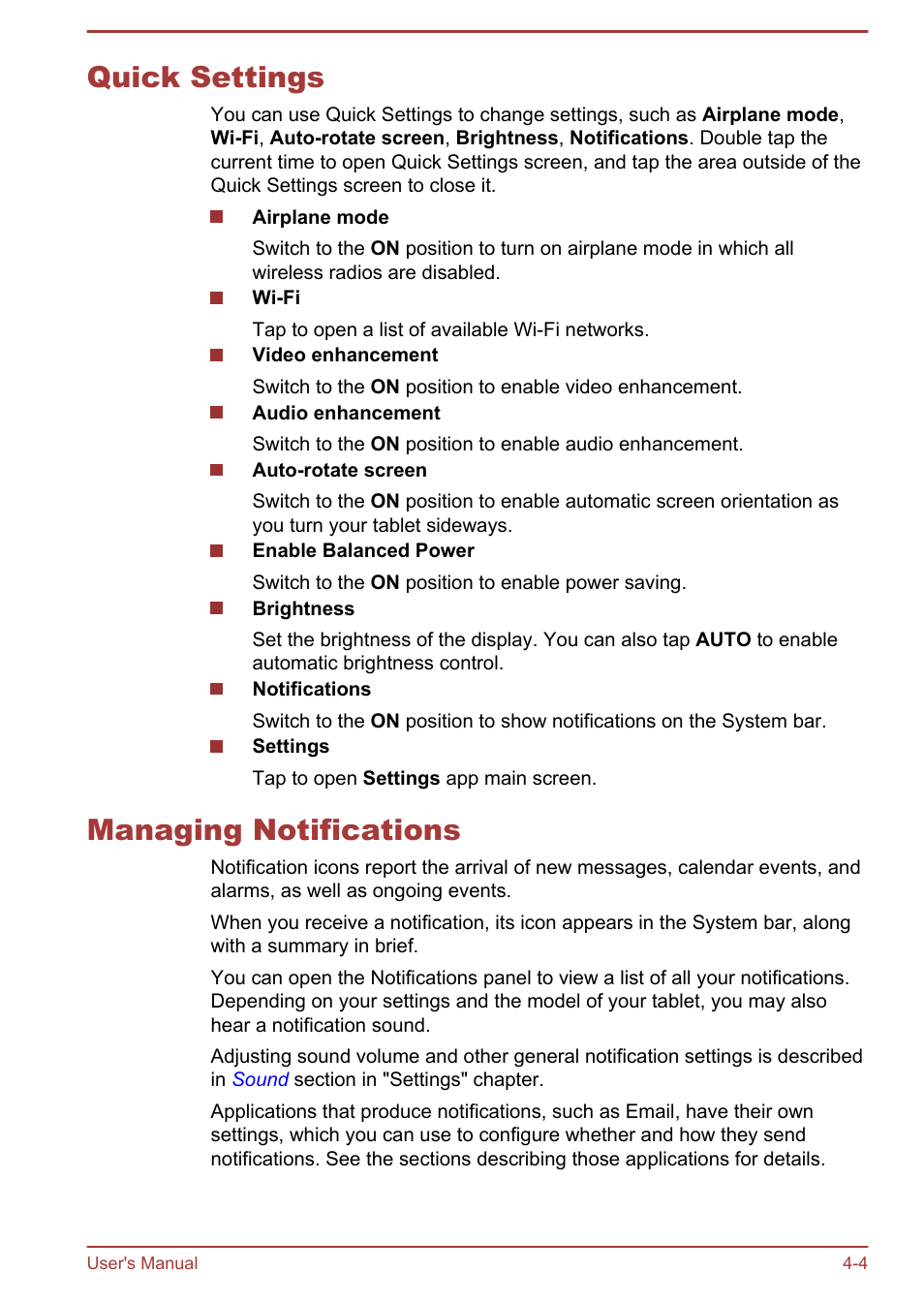 Quick settings, Managing notifications, Quick settings -4 managing notifications -4 | Toshiba AT270 User Manual | Page 30 / 85