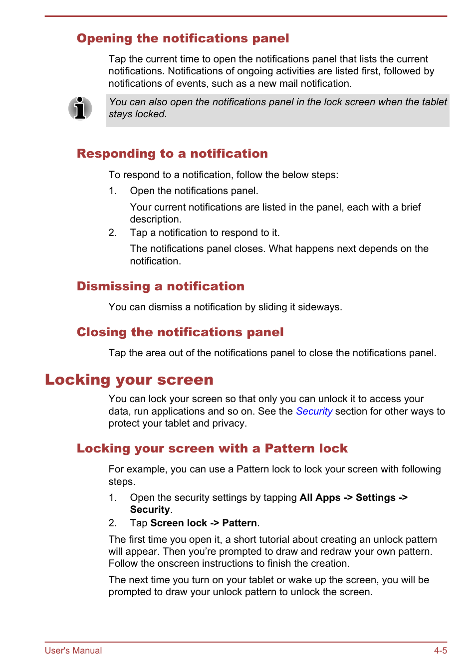 Opening the notifications panel, Responding to a notification, Dismissing a notification | Closing the notifications panel, Locking your screen, Locking your screen with a pattern lock, Locking your screen -5 | Toshiba AT270 User Manual | Page 31 / 85