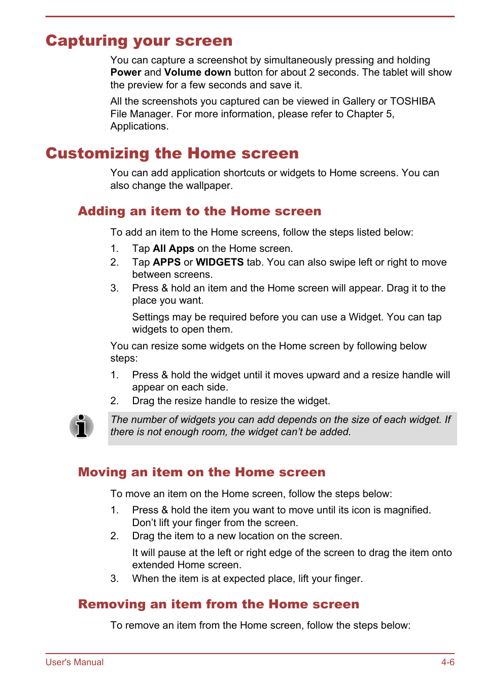 Capturing your screen, Customizing the home screen, Adding an item to the home screen | Moving an item on the home screen, Removing an item from the home screen, Capturing your screen -6, Customizing the home screen -6 | Toshiba AT270 User Manual | Page 32 / 85