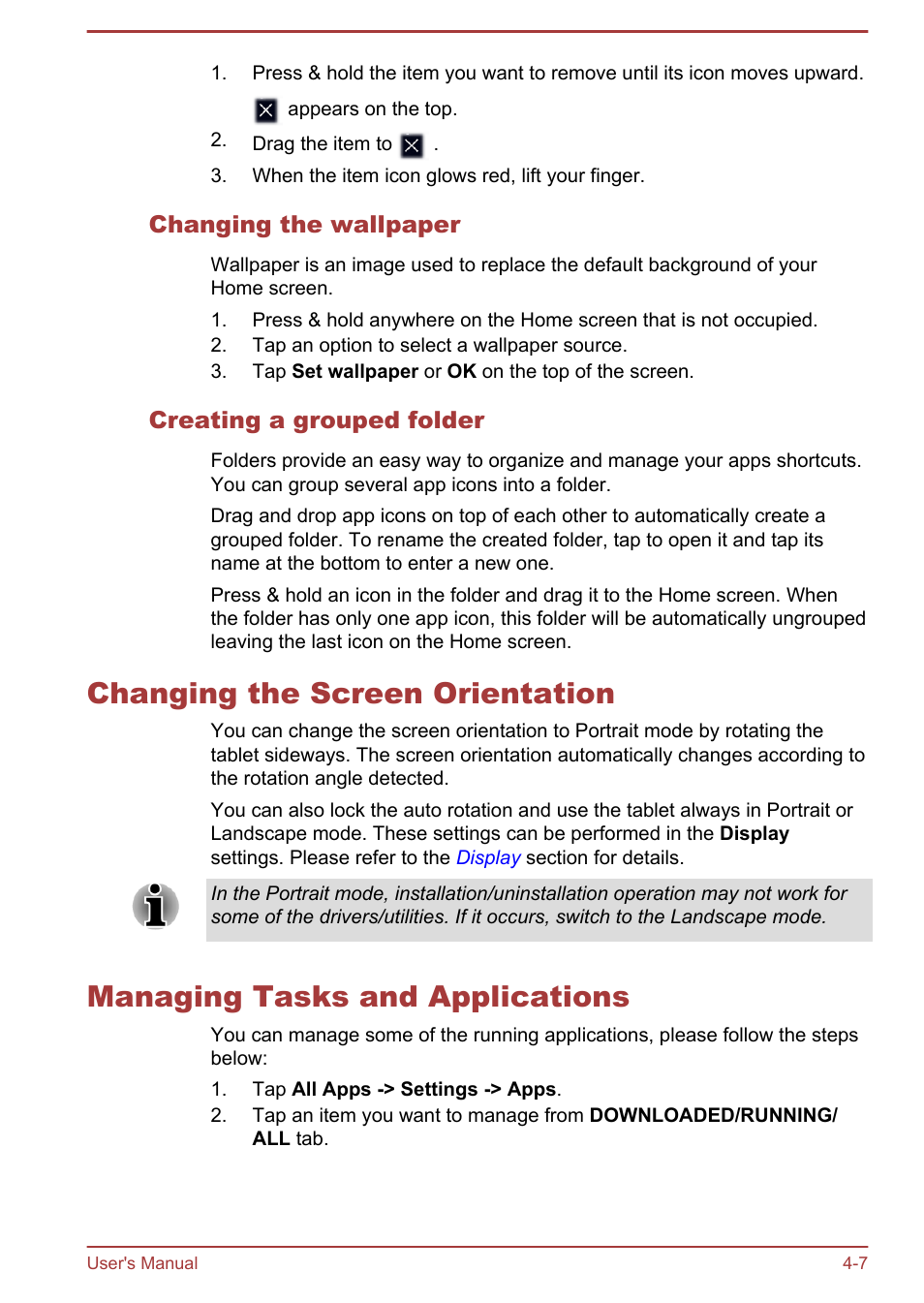 Changing the wallpaper, Creating a grouped folder, Changing the screen orientation | Managing tasks and applications | Toshiba AT270 User Manual | Page 33 / 85