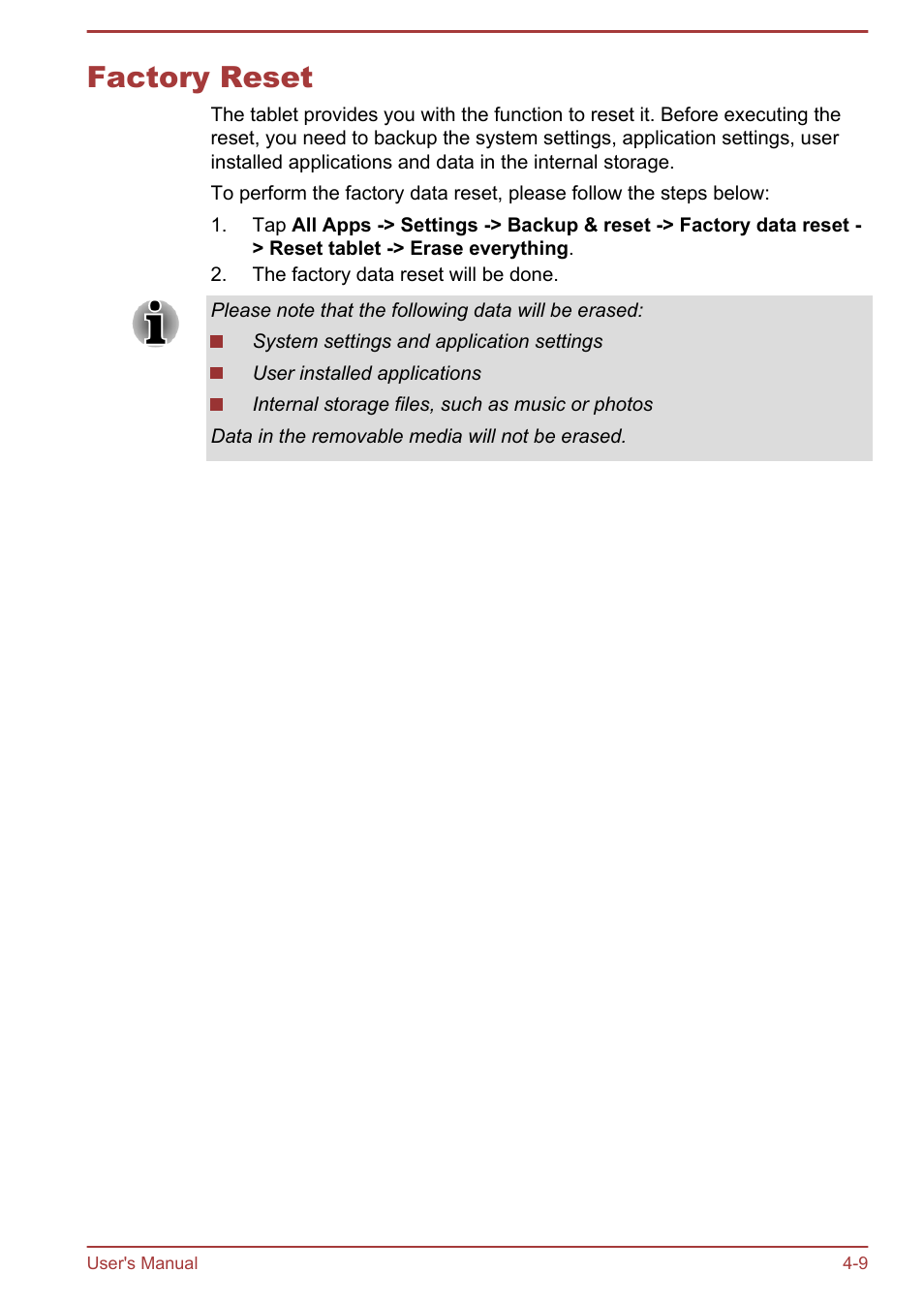 Factory reset, Factory reset -9 | Toshiba AT270 User Manual | Page 35 / 85