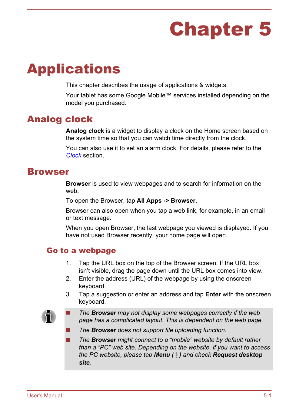 Chapter 5 applications, Analog clock, Browser | Chapter 5, Applications, Analog clock -1 browser -1 | Toshiba AT270 User Manual | Page 36 / 85