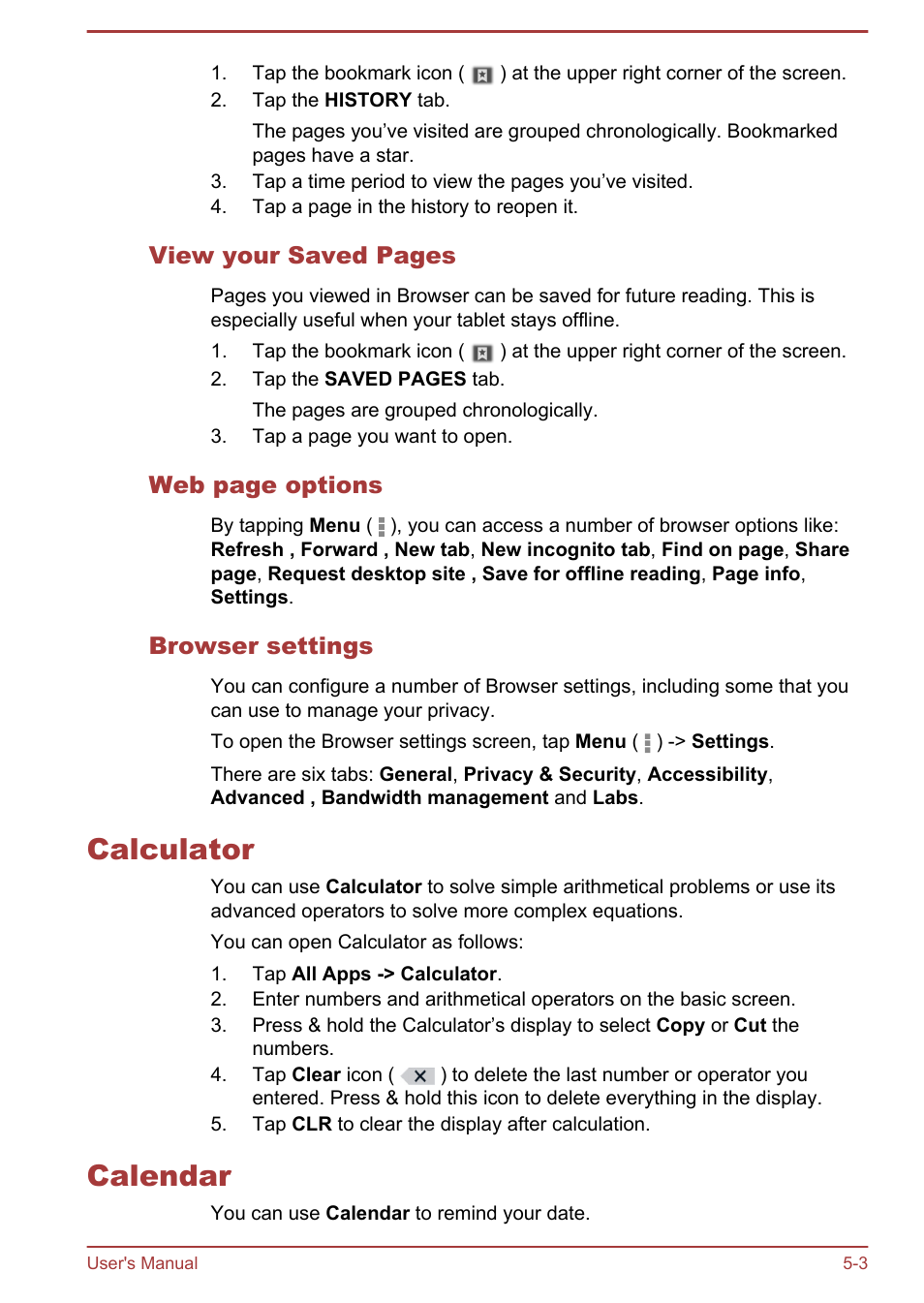 Browser settings, Calculator, Calendar | Calculator -3 calendar -3 | Toshiba AT270 User Manual | Page 38 / 85