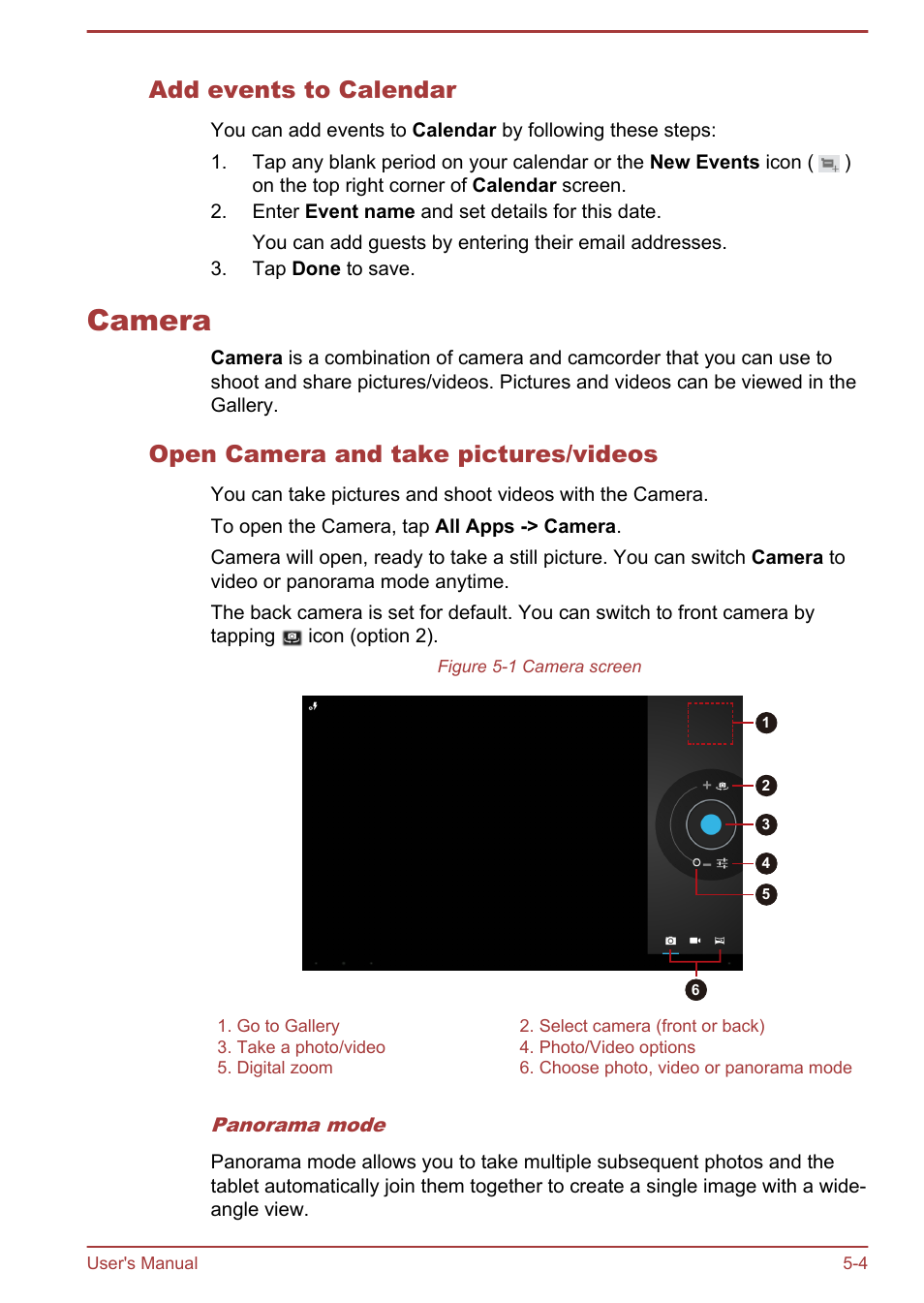 Add events to calendar, Camera, Open camera and take pictures/videos | Camera -4 | Toshiba AT270 User Manual | Page 39 / 85