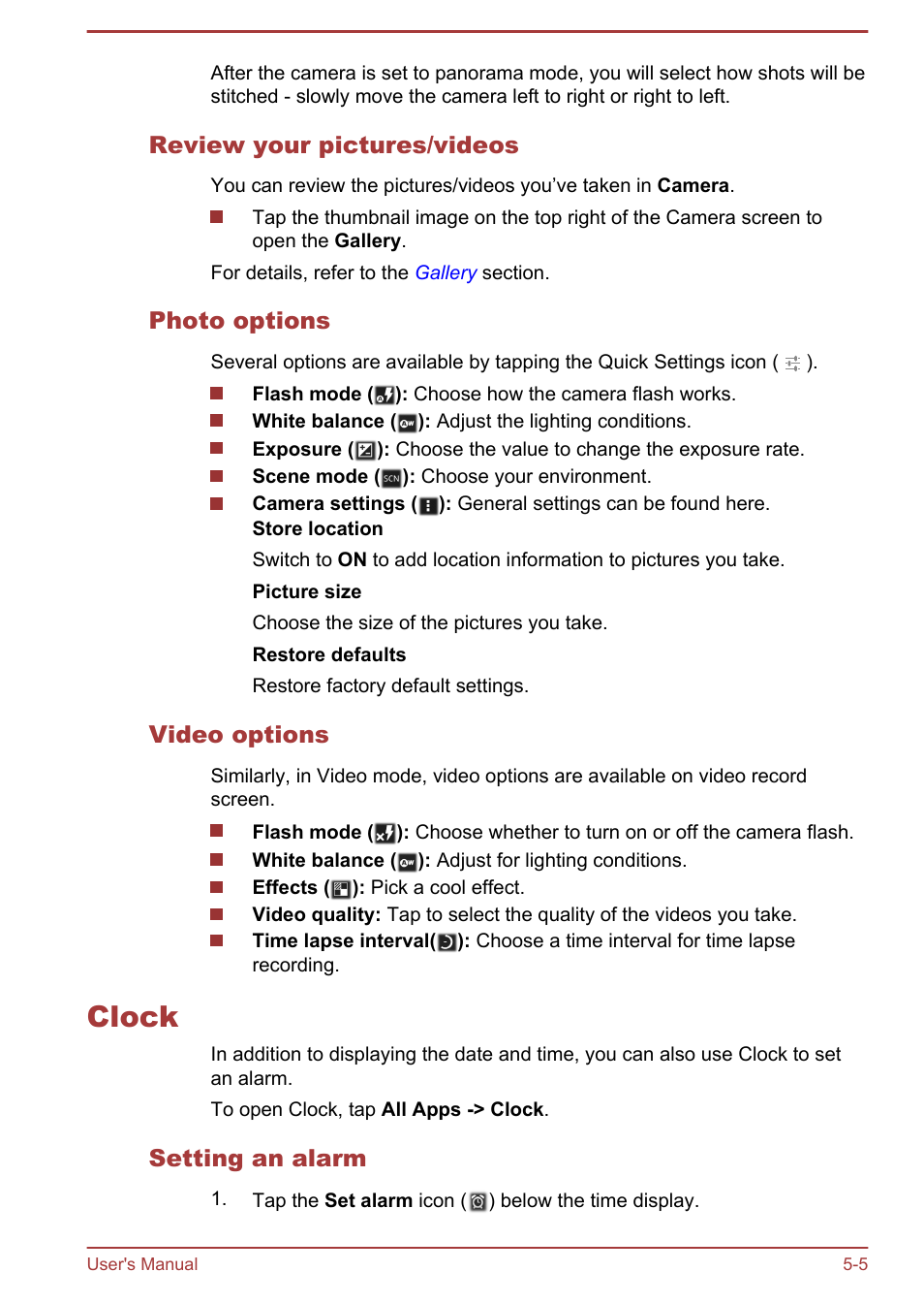 Review your pictures/videos, Photo options, Video options | Clock, Setting an alarm, Clock -5 | Toshiba AT270 User Manual | Page 40 / 85