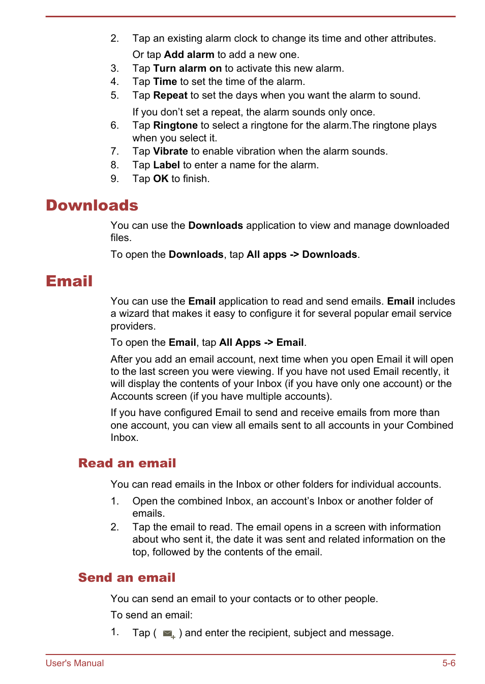 Downloads, Email, Read an email | Send an email, Downloads -6 email -6 | Toshiba AT270 User Manual | Page 41 / 85