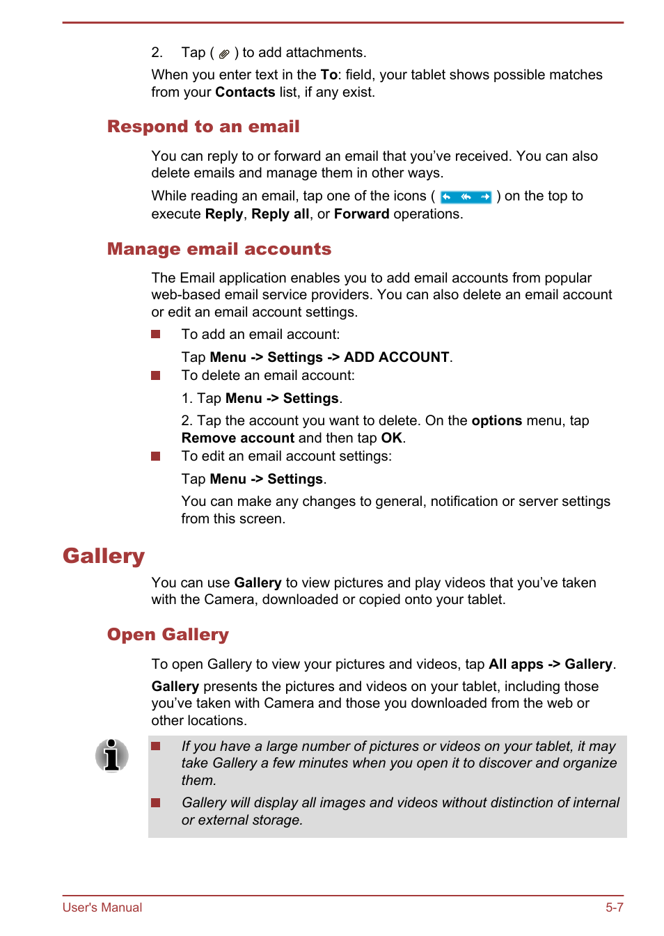 Respond to an email, Manage email accounts, Gallery | Open gallery, Gallery -7 | Toshiba AT270 User Manual | Page 42 / 85