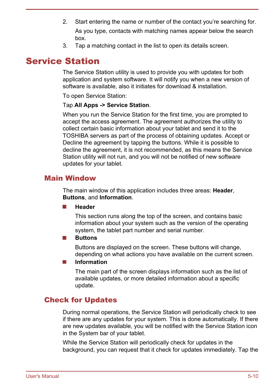 Service station, Main window, Check for updates | Service station -10 | Toshiba AT270 User Manual | Page 45 / 85