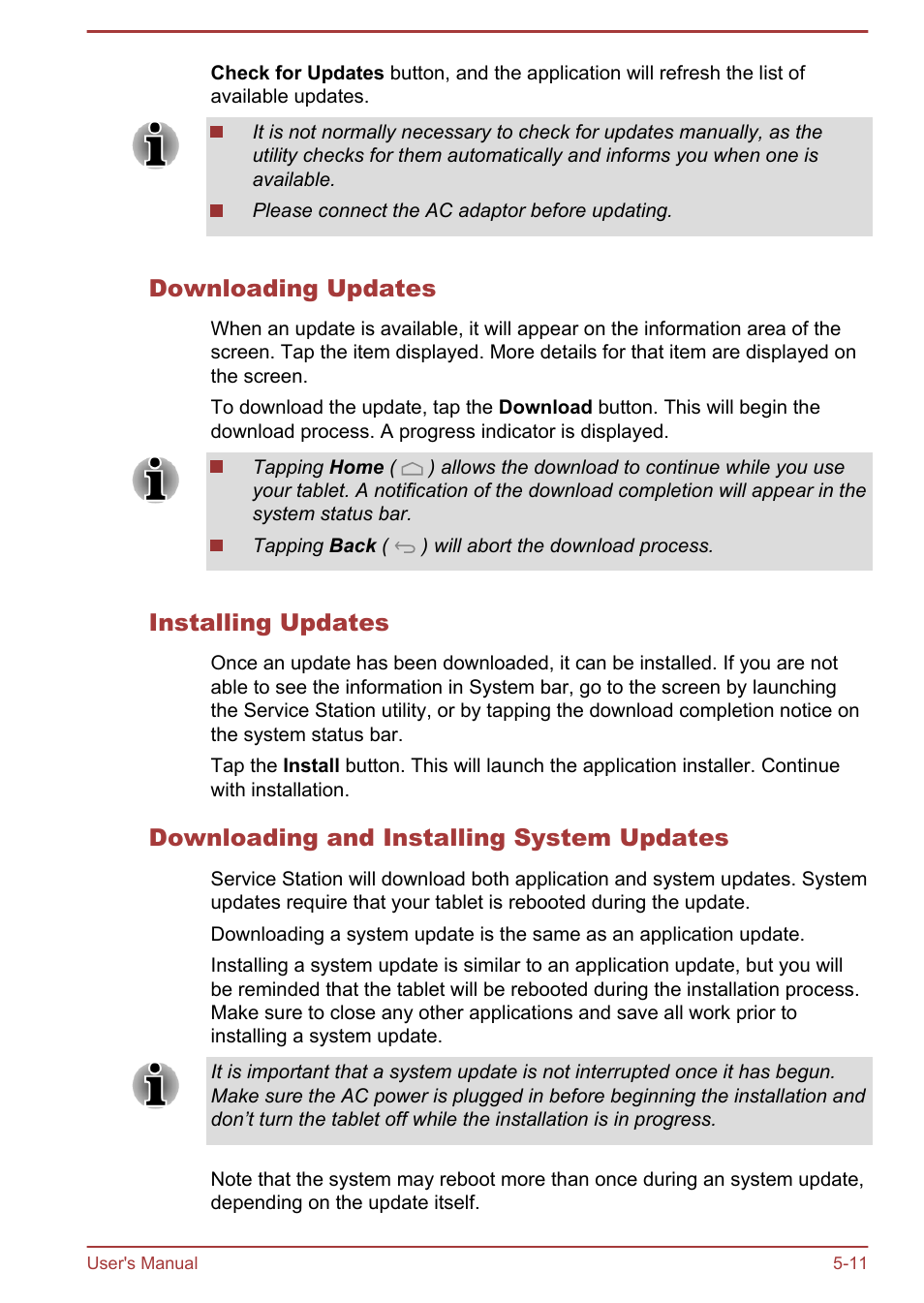 Downloading updates, Installing updates, Downloading and installing system updates | Toshiba AT270 User Manual | Page 46 / 85