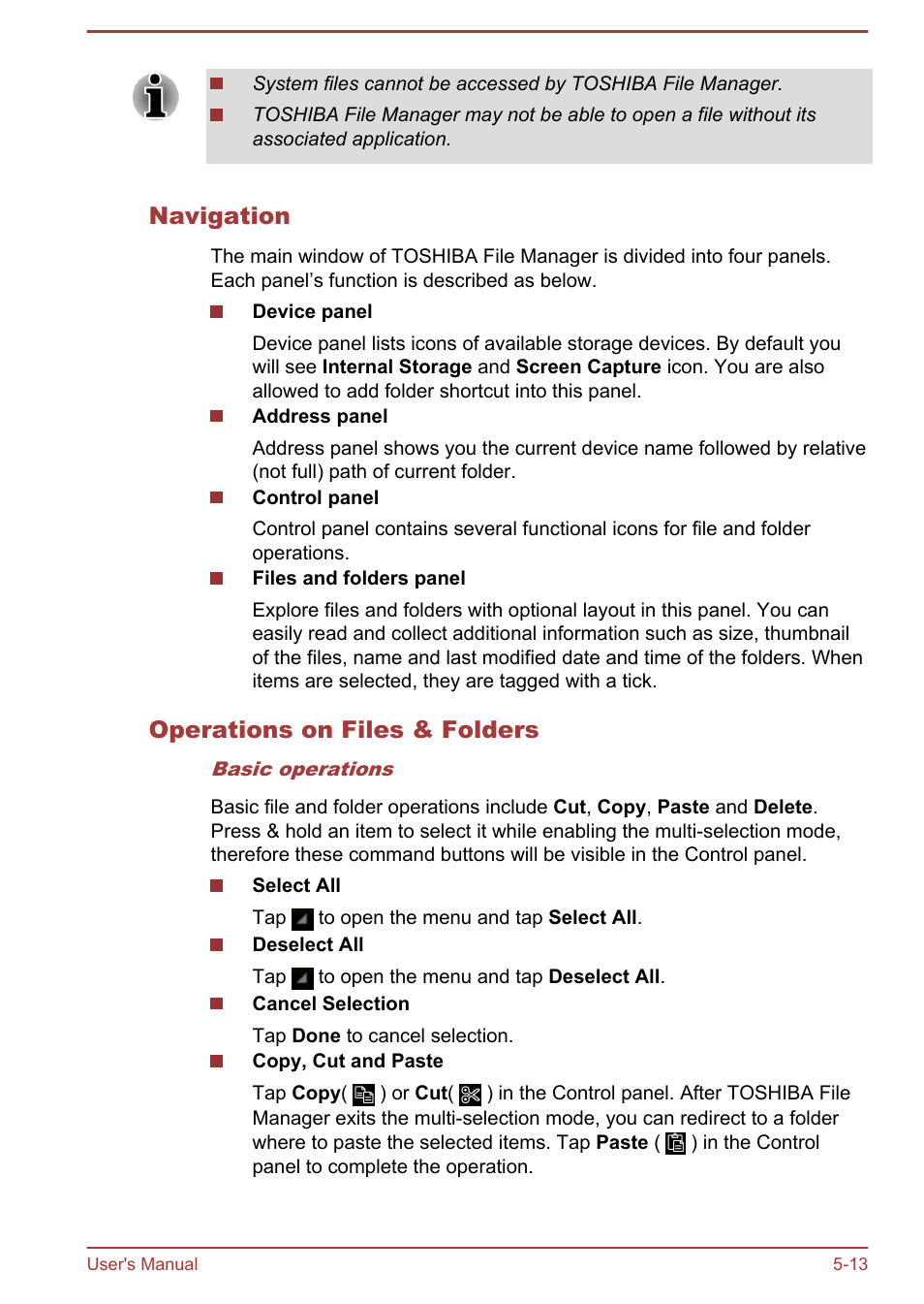 Navigation, Operations on files & folders | Toshiba AT270 User Manual | Page 48 / 85