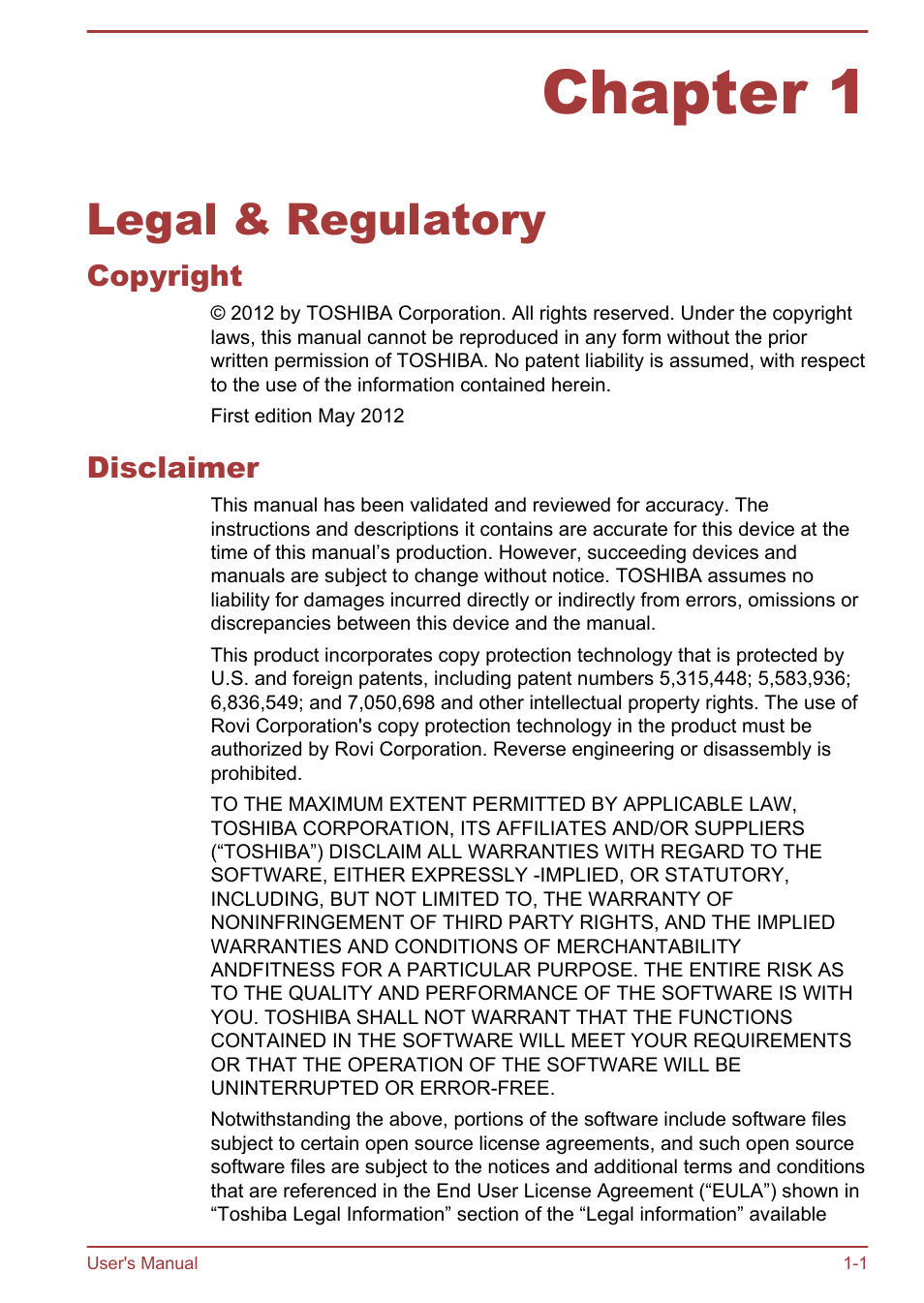 Chapter 1 legal & regulatory, Copyright, Disclaimer | Chapter 1, Legal & regulatory, Copyright -1 disclaimer -1 | Toshiba AT270 User Manual | Page 5 / 85