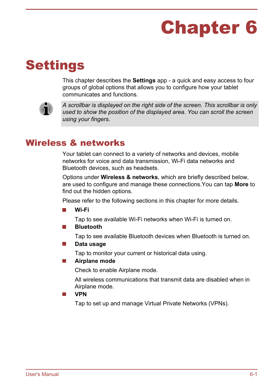 Chapter 6 settings, Wireless & networks, Chapter 6 | Settings, Wireless & networks -1 | Toshiba AT270 User Manual | Page 51 / 85