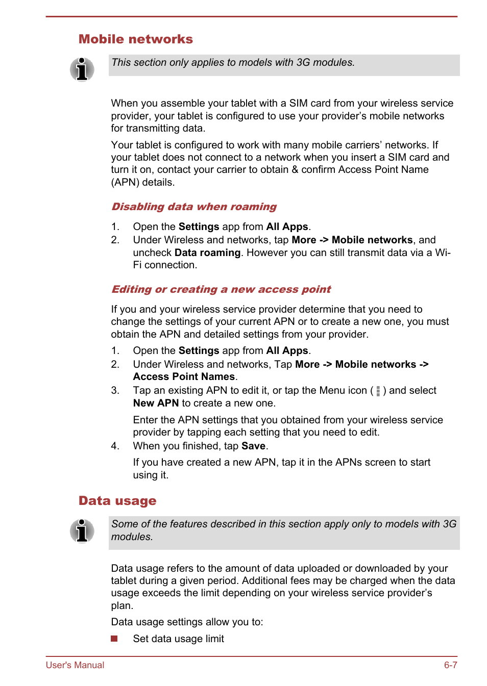 Mobile networks, Data usage | Toshiba AT270 User Manual | Page 57 / 85